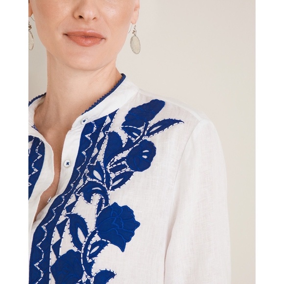 CHICO’S Appliqued Linen Tunic White & Blue Embroidered ~ Size 3 X-Large 16 - Picture 4 of 14